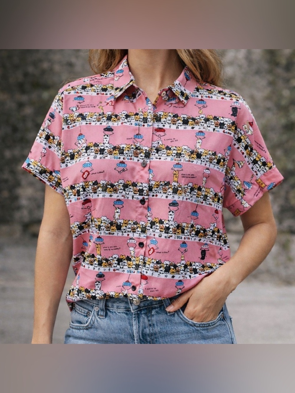 M&N Pink Kawaii Cat Print Button-Up Small | Y2K Cartoon Cutecore Top